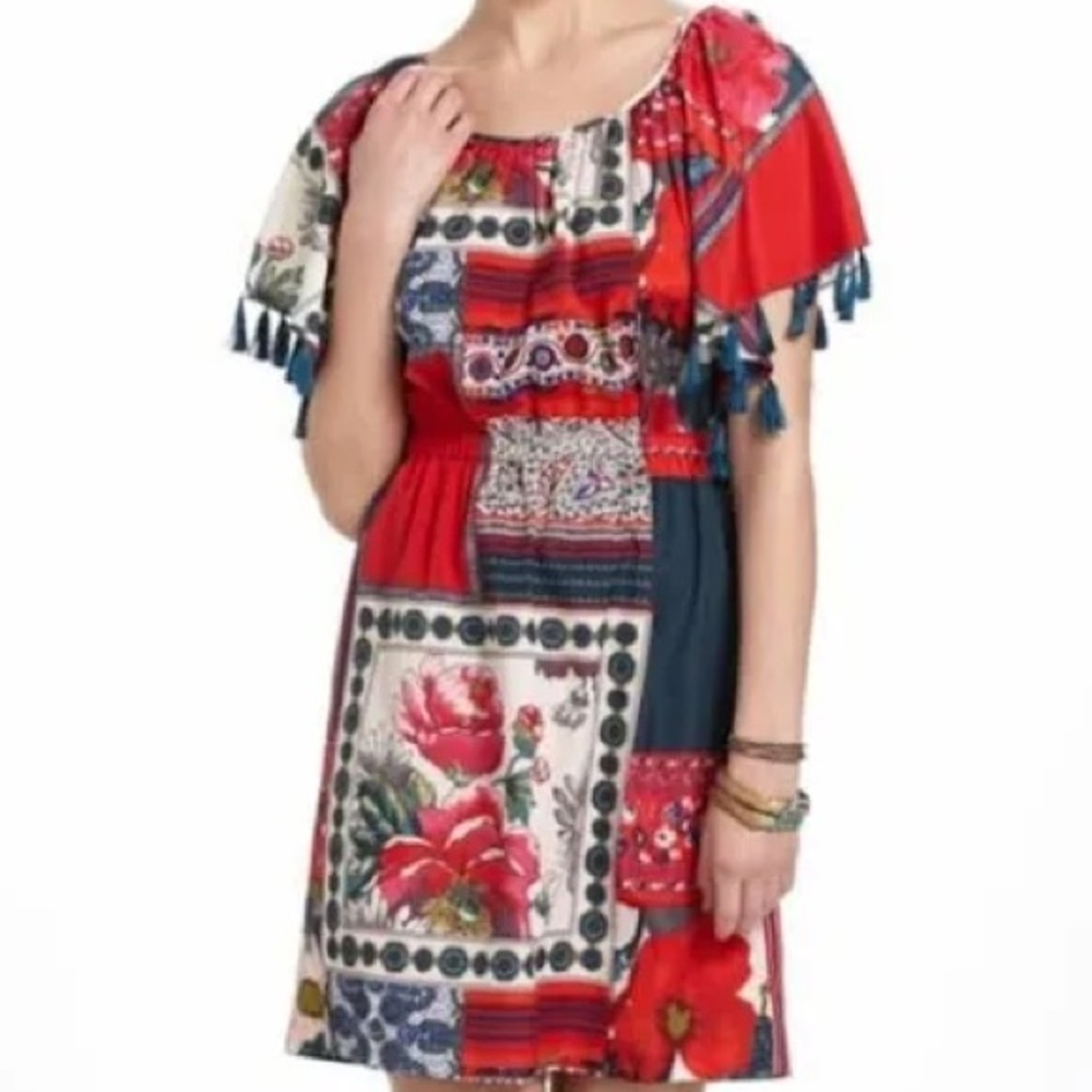 Anthropologie Red and Blue Floral Midi Dress